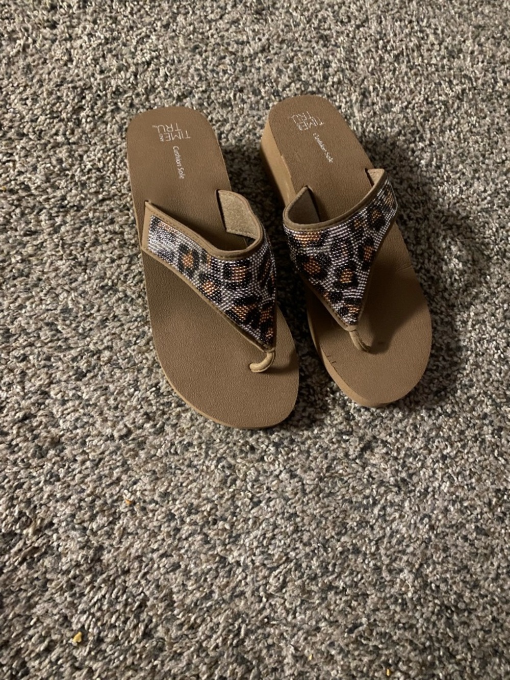 Leopard Print Tan Wedge Thong Sandals